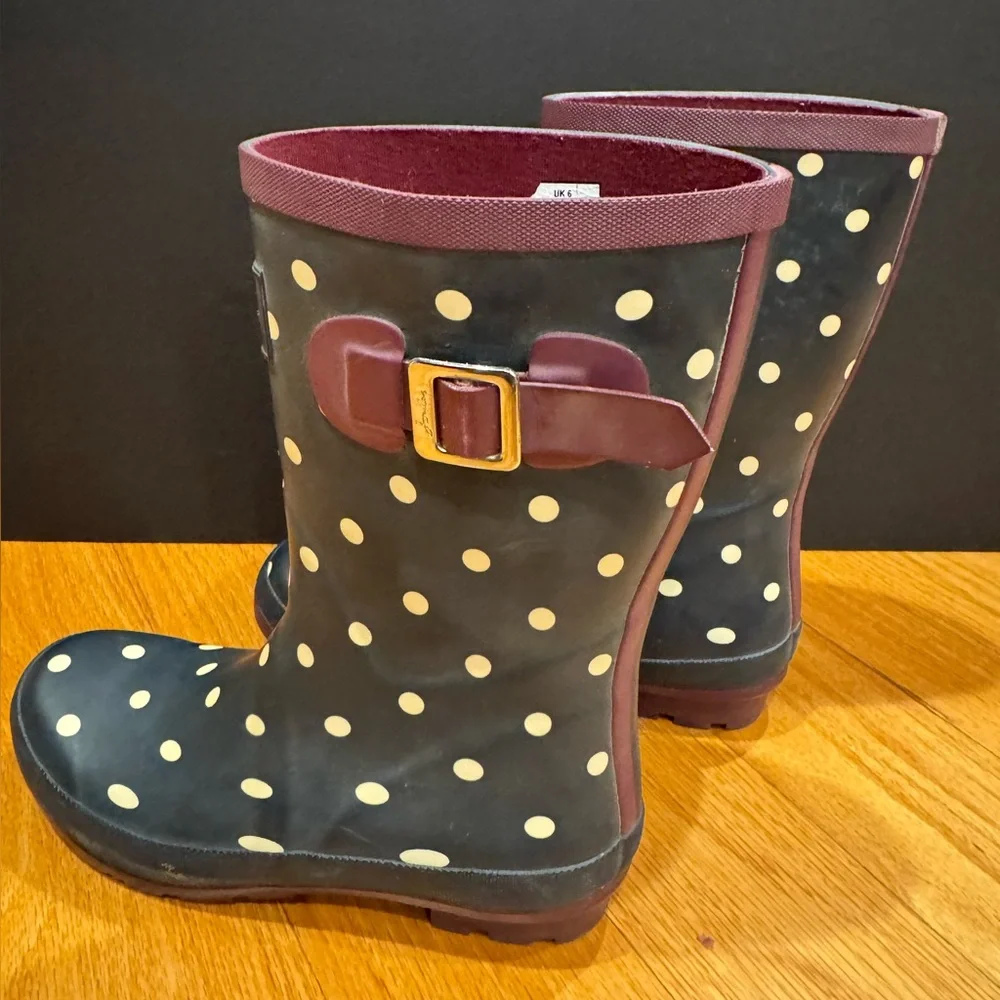 Joules Molly Welly Mid Calf Navy Rain Boots White Polka Dot Burgundy Trim Size 8 - Picture 10 of 16